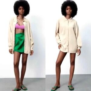 Zara Womens Snap Front‎ Shirt & Bermuda Shorts Set/Outfit Beige Size S